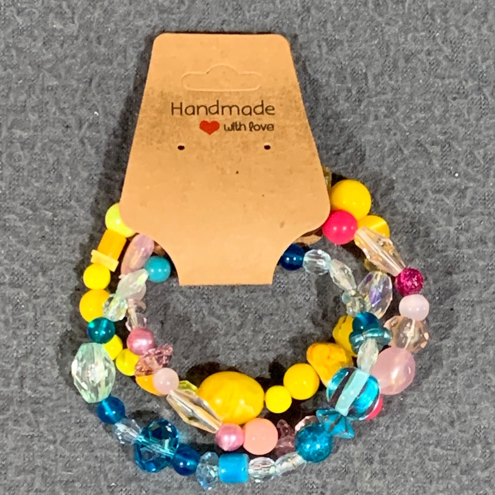 Handmade Beaded Stretch Bracelet Set Women OS 3pc Pink Blue Yellow Kidcore Y2K